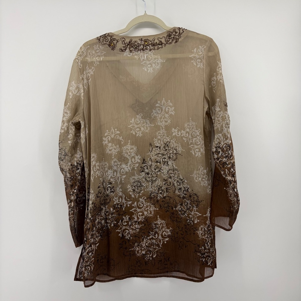 Chicos Womens 1 Medium Brown Ombre Damask Tunic Beaded Embroidered Sheer Blouse - Picture 2 of 5